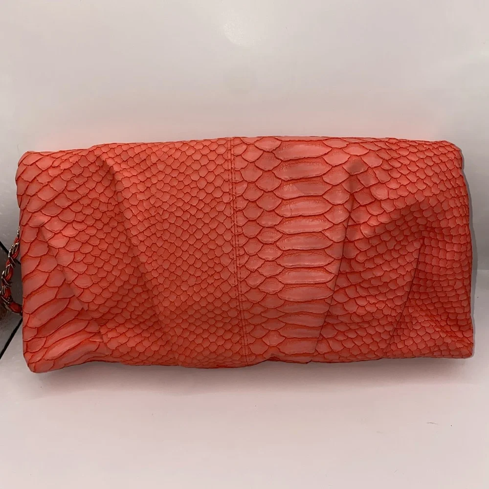 Kate Landry‎ Vibrant Coral Textured Clutch with Chain